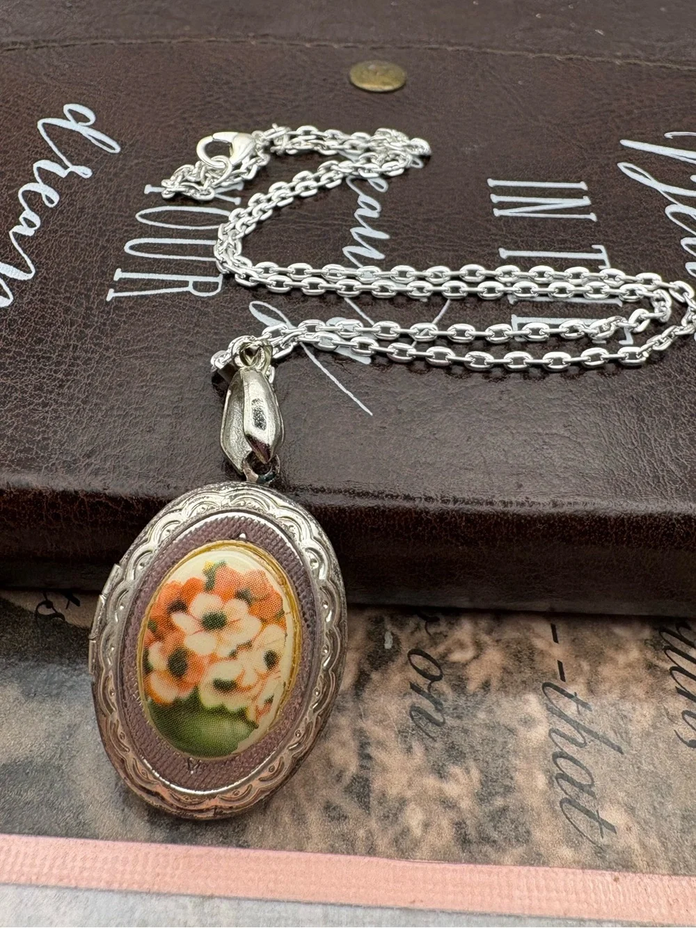 Vintage Floral Locket Necklace Romantic Heirloom Cottagecore Silver Tone